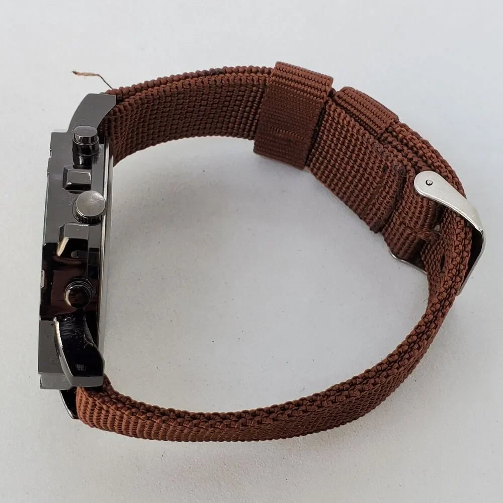 Men's Watch 42MM Black Dial Black Case Brown Canvas Band‎ Straps Date Indicator